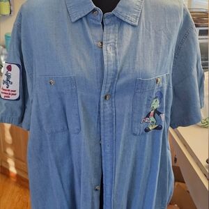 Disney VINTAGE  Jiminy Cricket Parks  Denim Shirt With Patch On SLEEVE.
